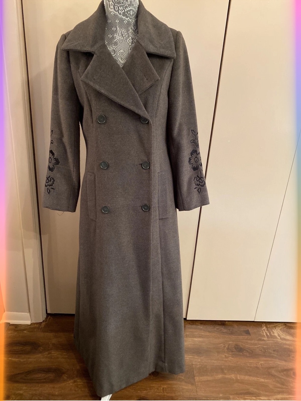 Vintage Together Long Double-Breasted Gray Trench Coat with Sleeve Embroidery